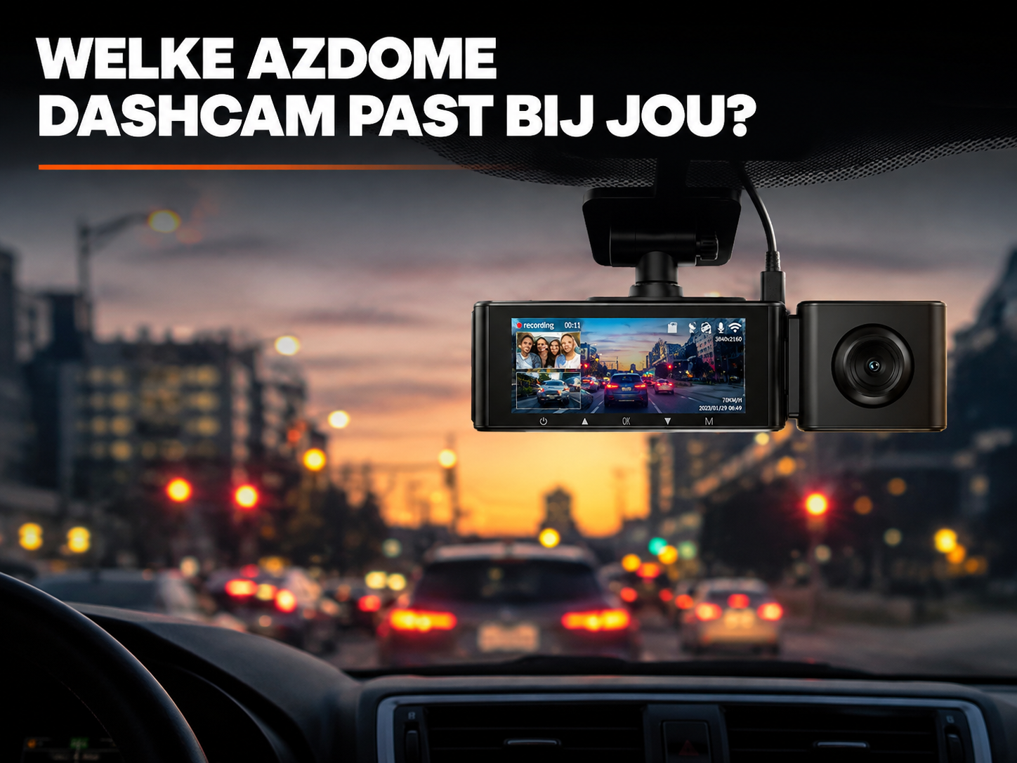 AZDome dashcam gemonteerd achter de voorruit met straatverkeer op de achtergrond