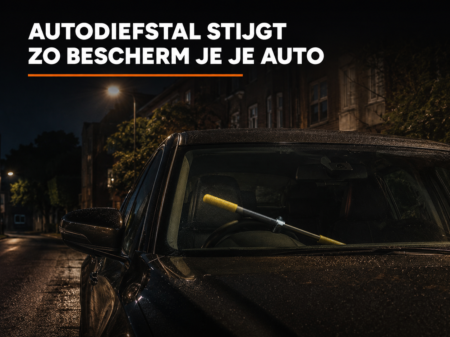 Auto met stuurwielslot op een donkere straat in de avond