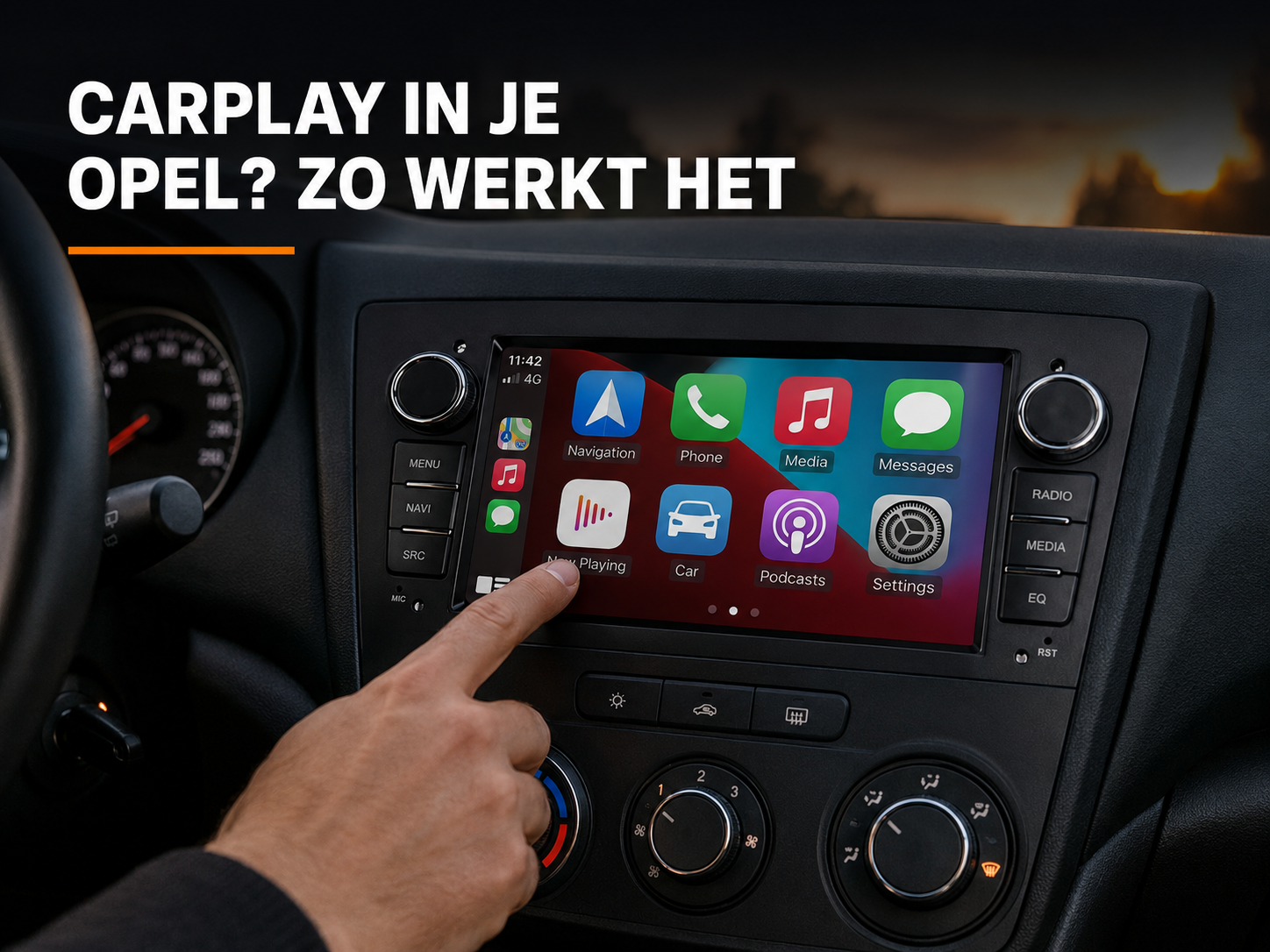 CarPlay touchscreen radio ingebouwd in het dashboard van een Opel