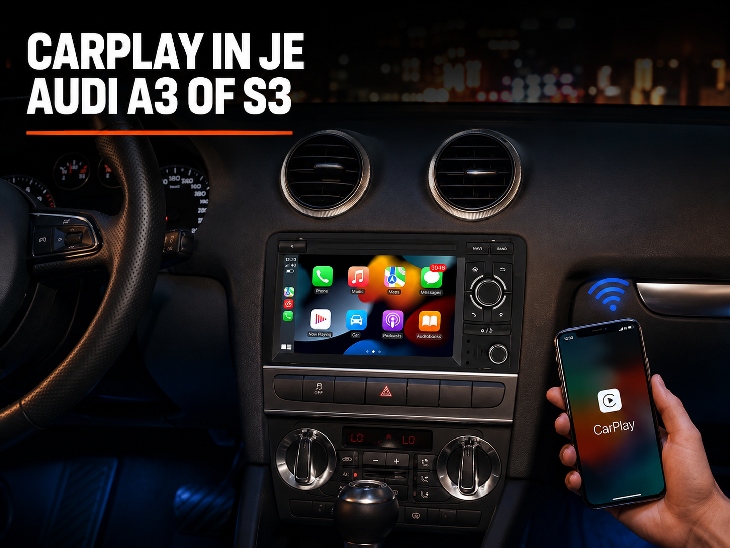 CarPlay touchscreen brandt fel in donker Audi dashboard