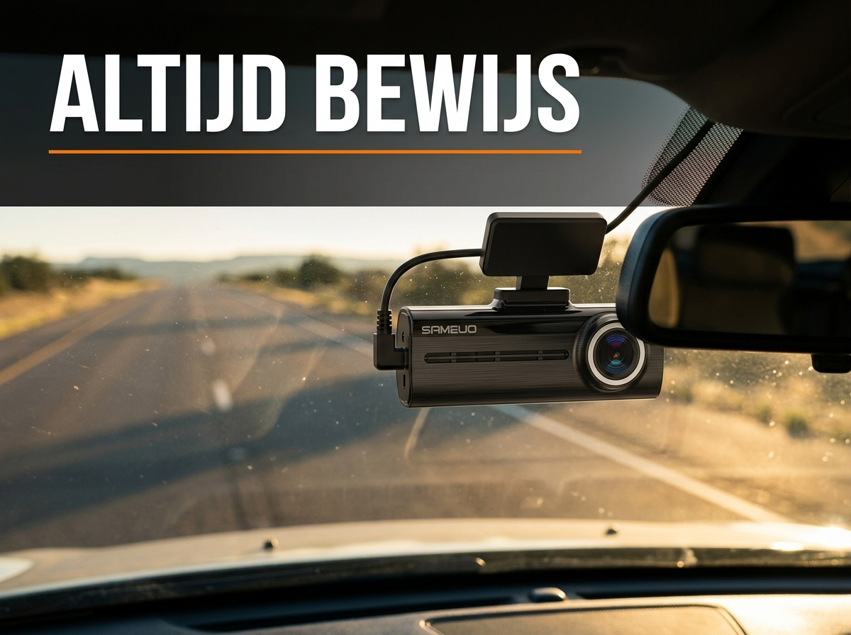 Dashcam gemonteerd achter de voorruit van een auto