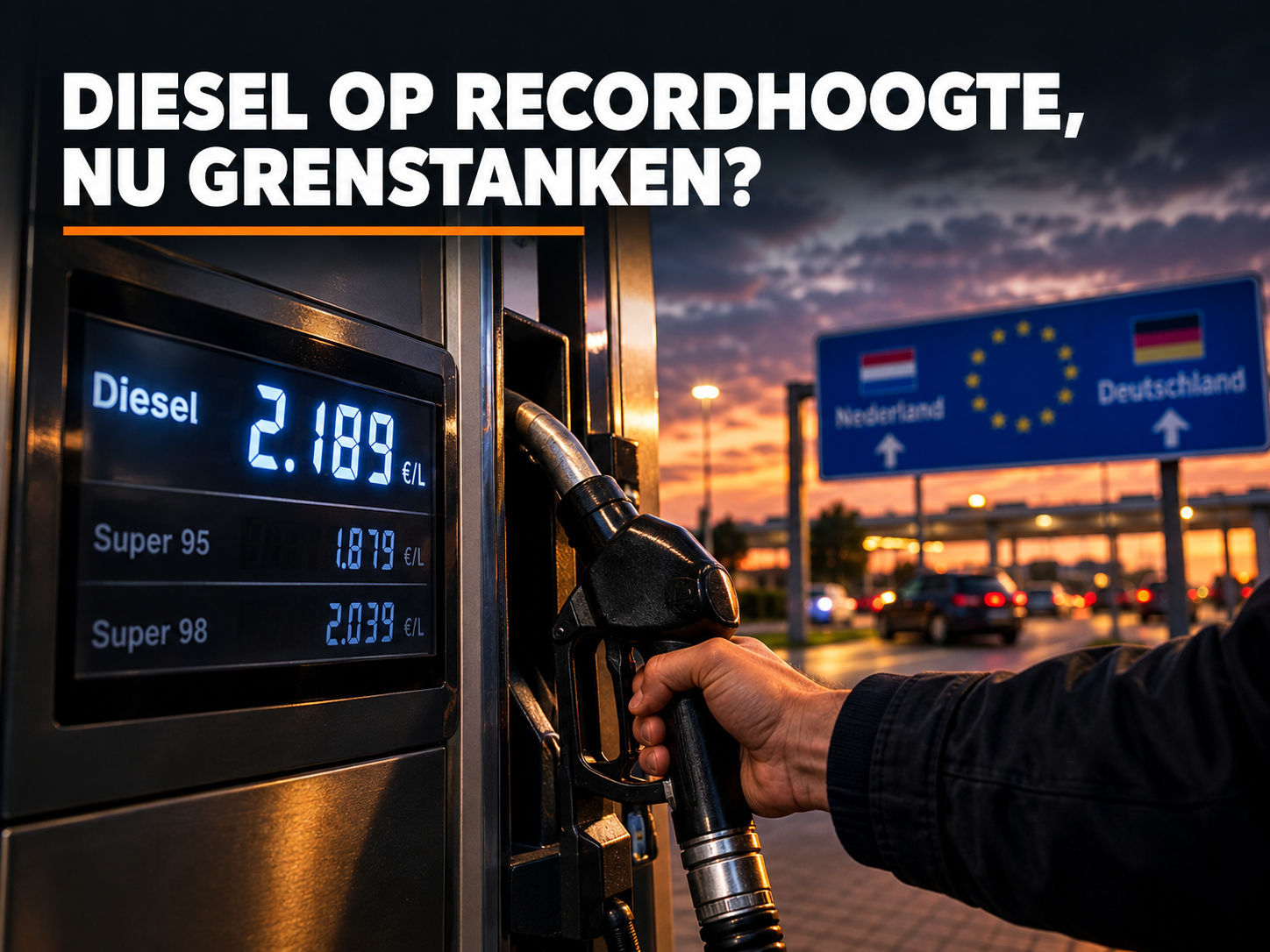 Brandstofpomp met hoge dieselprijs op het display bij een tankstation in de schemering