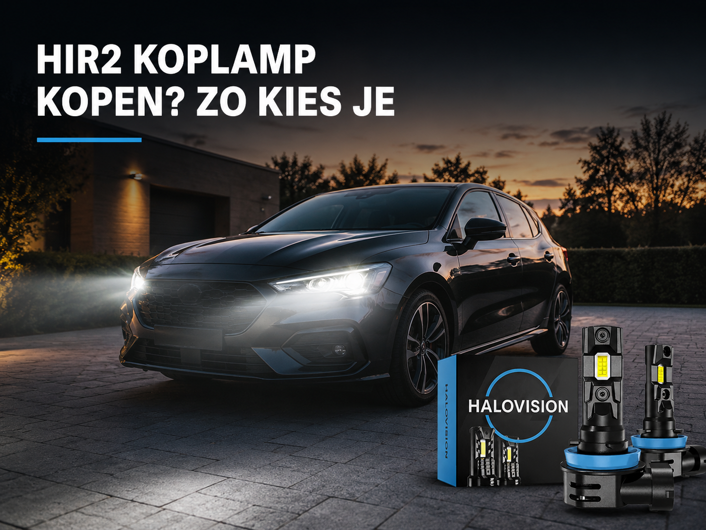 HaloVision HIR2 9012 LED koplamp met fel wit licht op een auto bij avond