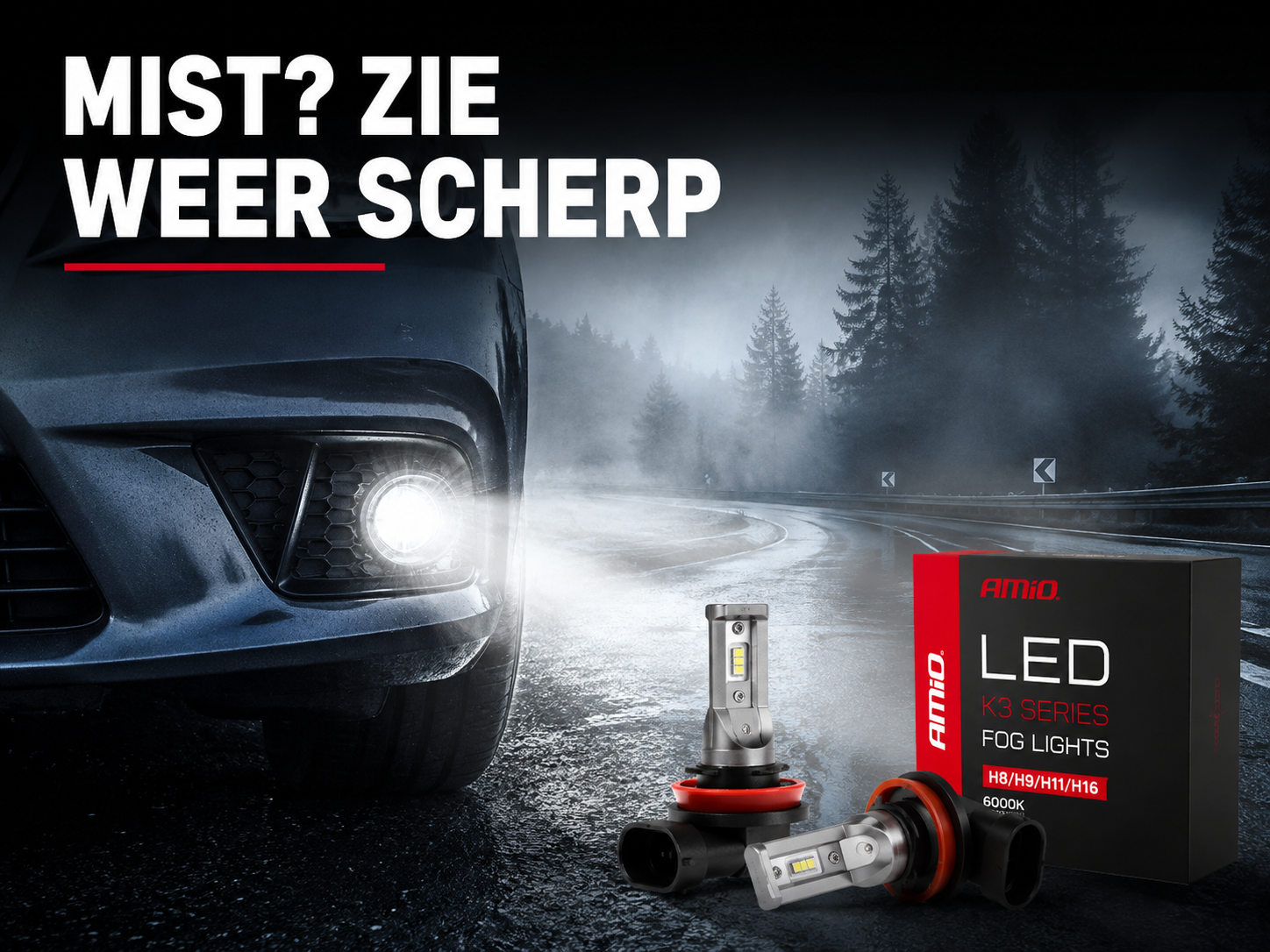 Mistlamp met scherp wit licht door dichte avondmist