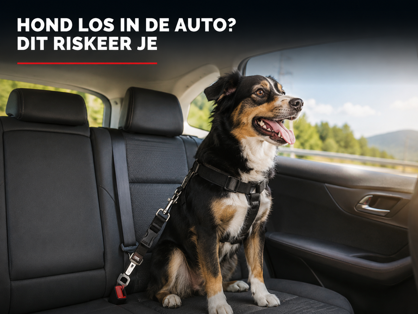 Hond met veiligheidstuigje vast op achterbank tijdens autorit