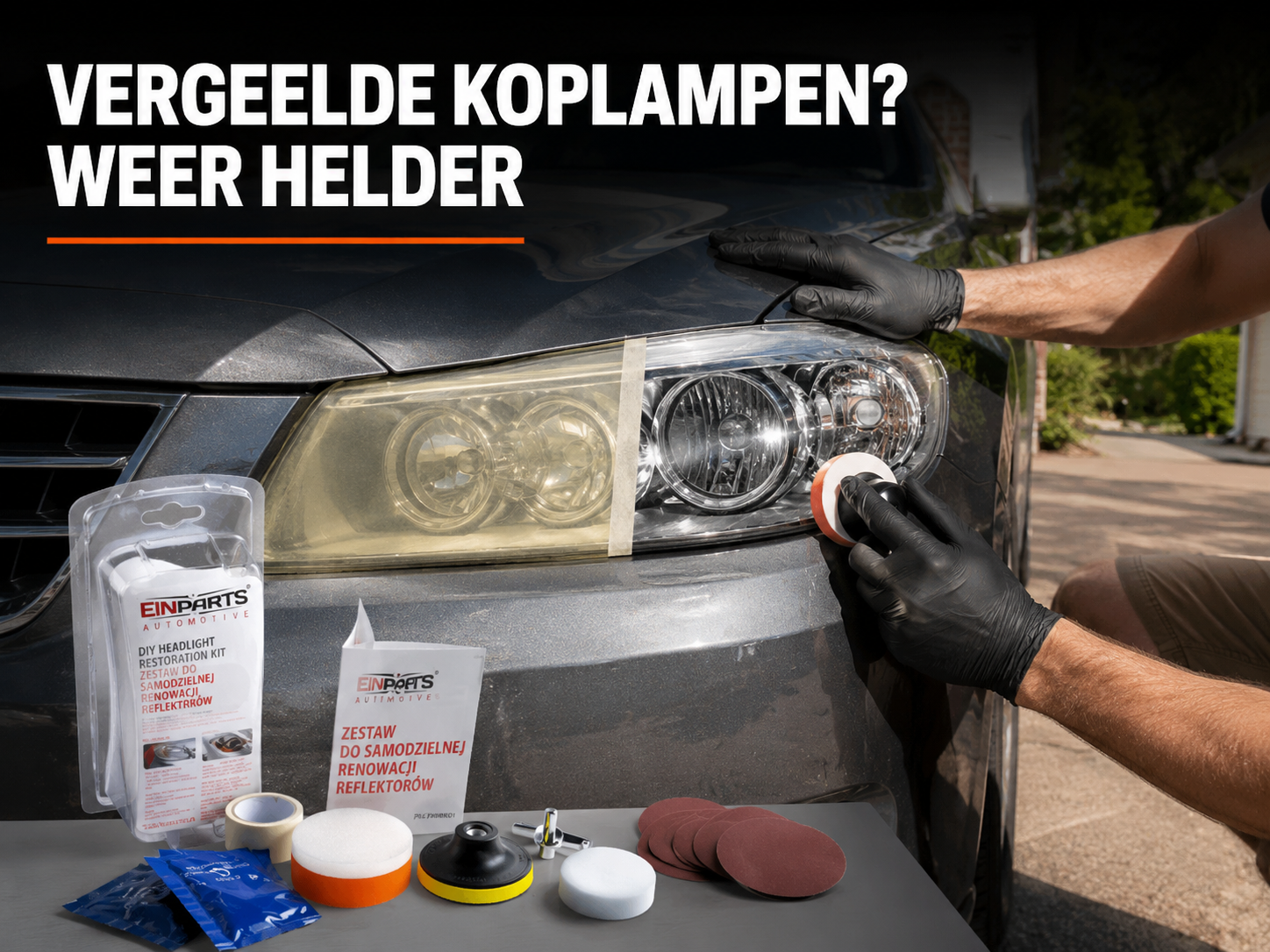 Koplamp polijsten toont before-after van vergeeld naar helder glas