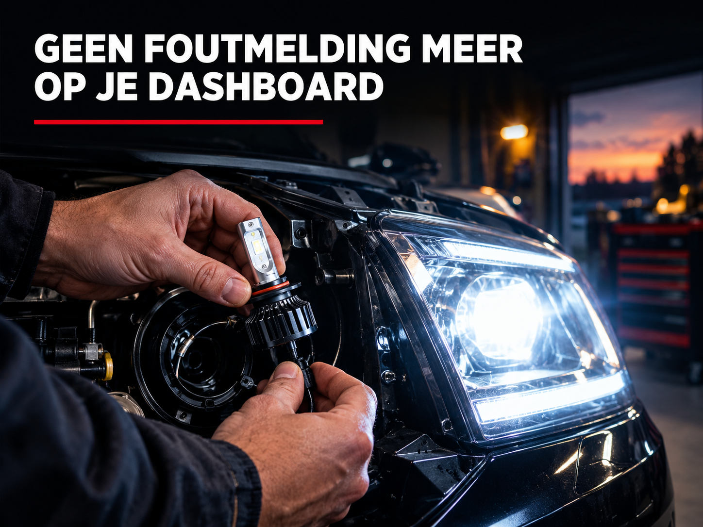 Monteur installeert een AMiO canbus-vrije H7 LED-koplamp in de garage