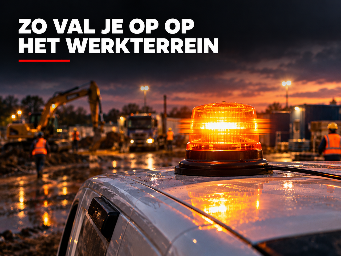 Magnetisch LED zwaailicht bevestigd op het dak van een bedrijfsbusje op werkterrein