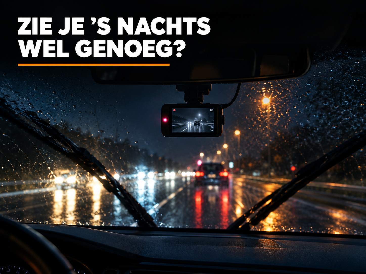 Dashcam met nachtzicht gemonteerd achter de voorruit tijdens een regenachtige nacht