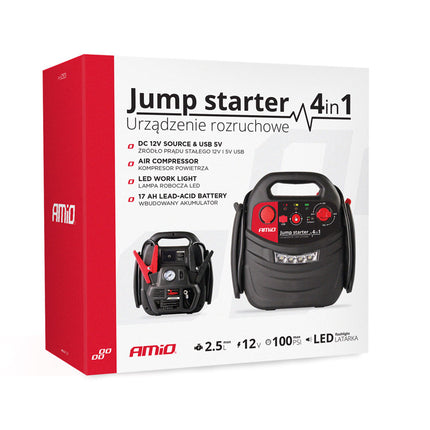 AMiO Jump Starter 12V 17Ah 900A 4in1 – Multifunctioneel Auto Accu Starter, Powerbank en Compressor JS01 Noodsituatie