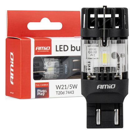 AMiO LED Lamp LumiTec T20D 7443 W21/5W 12V FULL CANBUS – Witte Dual-Filament LED Vervanger (1 stuk)