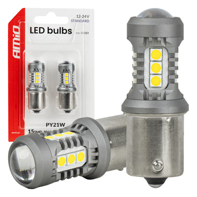 AMiO BAU15S PY21W LED Helder Wit 12V 24V - 15x SMD 3030 Standard Autolampen voor Knipperlicht Achterlicht en Mistlicht Set van 2