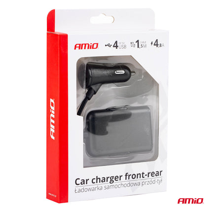 AMiO Auto USB Oplader met Verlengsnoer en 4 USB Poorten - Snelle Telefoonlader Handig Voorin en voor Kinderen Achterin op Vakantie - VCTparts.nl