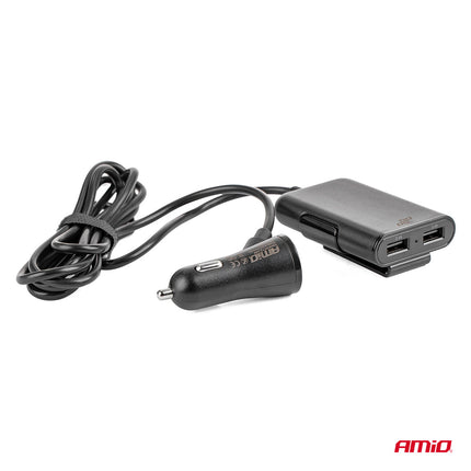 AMiO Auto USB Oplader met Verlengsnoer en 4 USB Poorten - Snelle Telefoonlader Handig Voorin en voor Kinderen Achterin op Vakantie - VCTparts.nl