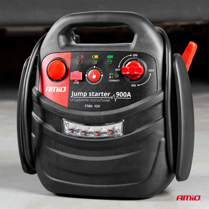 AMiO Jump Starter 12V 17Ah 900A 4in1 – Multifunctioneel Auto Accu Starter, Powerbank en Compressor JS01 Noodsituatie