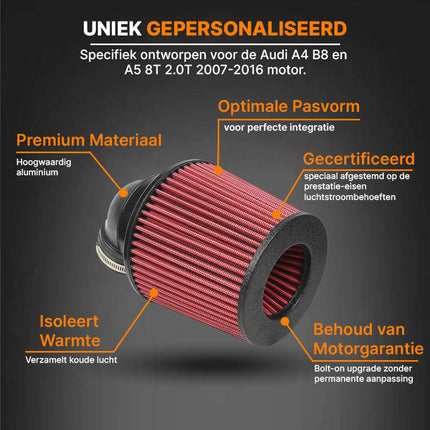 Audi A4 B8 en A5 8T 2.0T 2007-2016 – Koude Luchtinlaat Kit – Sport Openluchtfilter met Inlaatpijp - VCTparts.nl
