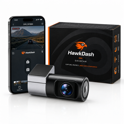 HawkDash Mini Dashcam 1080P Full HD mit WLAN – Kompakte Autokamera mit App, Nachtsicht, G-Sensor und Loop-Aufnahme [USB-C 3,5M Kabel]