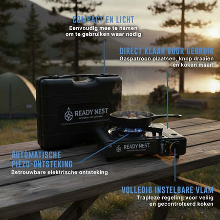 ReadyNest Draagbaar Nood Gasstel Campingkooktoestel Fornuis – Ideaal voor Noodpakket, Prepping en Buitenavonturen