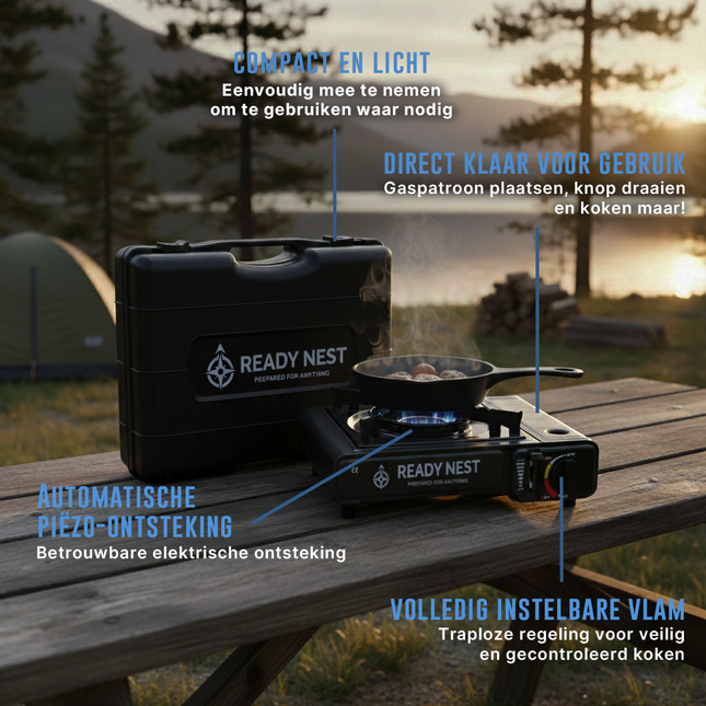 Draagbaar ReadyNest Nood Gasstel Campingkooktoestel met 4x Butaangas – Ideaal voor Noodpakket, Prepping en Buitenavonturen