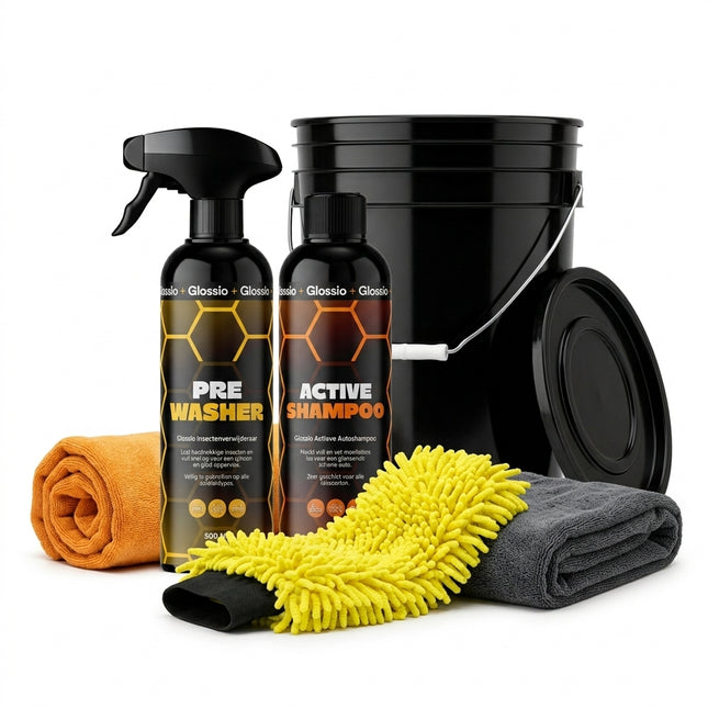 Glossio Bucketdeal – 6-delig Compleet Autowas Startpakket met Emmer, Shampoo en Droogdoek