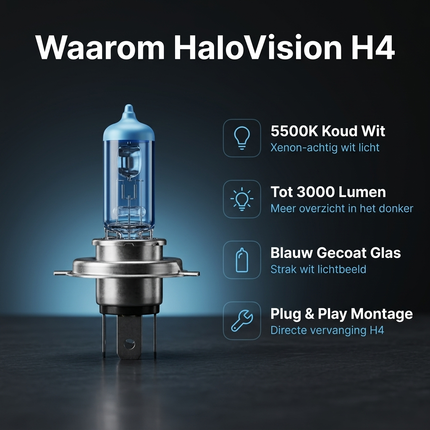HaloVision Halogeen Koplampen H4 – 12V 3000Lm 5500K Koud Wit – Blauw Glas Super White Dimlicht Grootlicht Halogeenlampen Set van 2 Autolampen