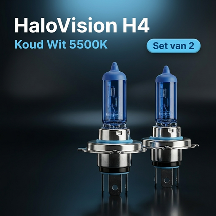 HaloVision Halogeen Koplampen H4 – 12V 3000Lm 5500K Koud Wit – Blauw Glas Super White Dimlicht Grootlicht Halogeenlampen Set van 2 Autolampen