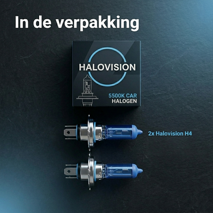 HaloVision Halogeen Koplampen H4 – 12V 3000Lm 5500K Koud Wit – Blauw Glas Super White Dimlicht Grootlicht Halogeenlampen Set van 2 Autolampen