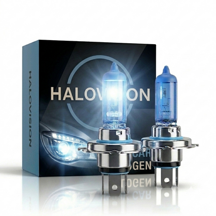 HaloVision Halogeen Koplampen H4 – 12V 3000Lm 5500K Koud Wit – Blauw Glas Super White Dimlicht Grootlicht Halogeenlampen Set van 2 Autolampen
