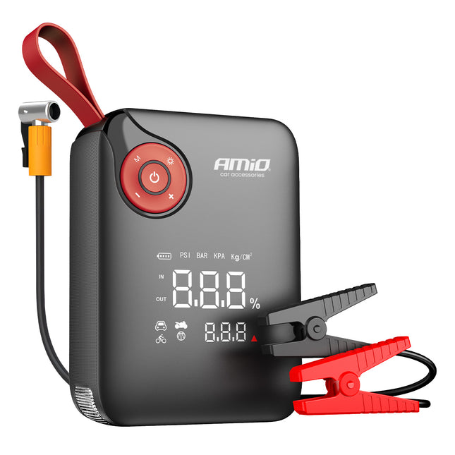 AMiO Tragbarer Mini-Starthilfe-Booster 4-in-1 – Powerbank 12V 600A mit Luftkompressor und LED-Taschenlampe – Tragbarer Starthilfe-Booster für Autos – Intelligenter Batterieverstärker