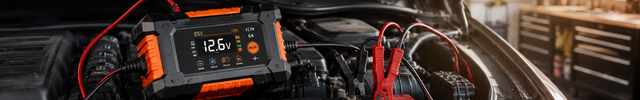 Acculaders banner - acculader aangesloten op een autoaccu onder de motorkap | VCTparts
