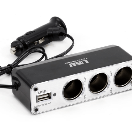 AMiO 3 Dubbele Sigarettenaansteker Plug Splitter met USB - A 12V/24V Zwart - VCTparts.nl
