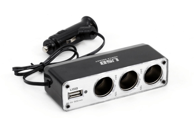 AMiO 3 Dubbele Sigarettenaansteker Plug Splitter met USB - A 12V/24V Zwart - VCTparts.nl
