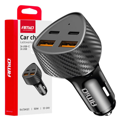 AMiO Auto Ladegerät 50W 2x USB-A und 2x USB-C - Schnellladegerät für Auto und LKW Multi Port Ladegerät für Smartphones und Tablets