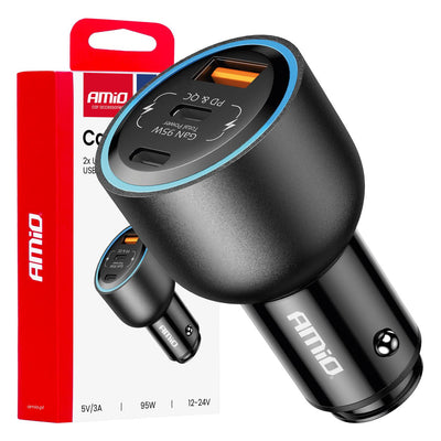 AMiO Autoladegerät 95W USB-C und USB-A 12-24V – Schnellladegerät mit Power Delivery und Quick Charge für Auto und LKW