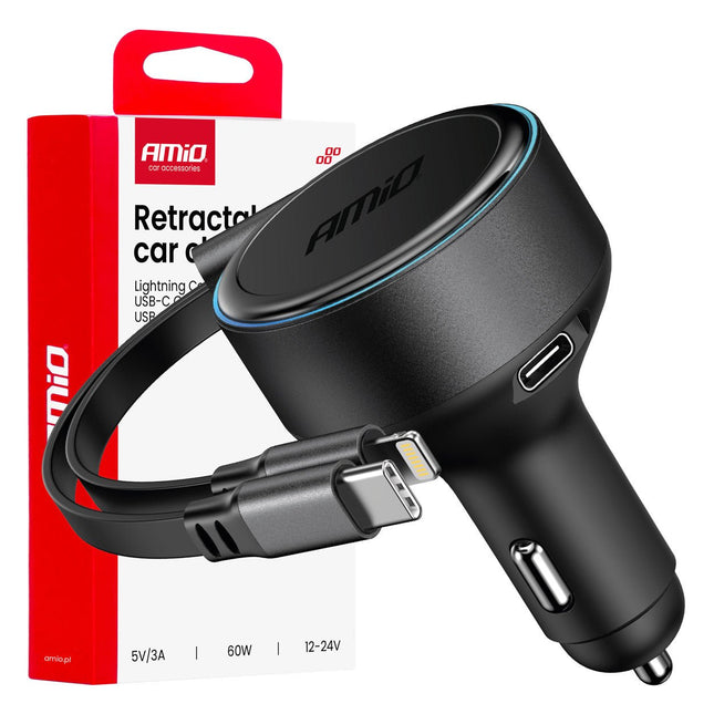 AMiO AMiO Auto Lader Met Oprolbare Kabel USB - C en Lightning + USB - C Poort 60W 12 - 24V - Snellader Met Power Delivery voor Auto en Truck AMiO 1