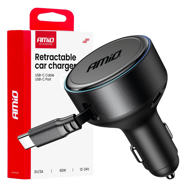 AMiO AMiO Auto Lader Met Oprolbare USB - C Kabel 60W 12 - 24V - Snellader Met USB - C Poort en Power Delivery voor Auto en Truck AMiO 1