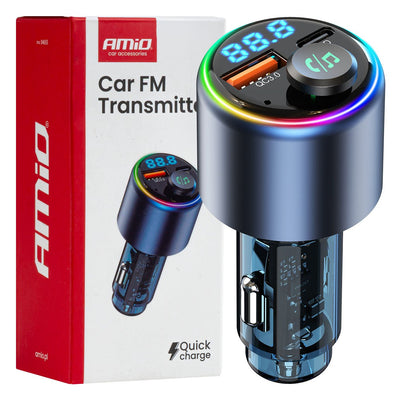 AMiO Bluetooth-FM-Transmitter fürs Auto – USB-C- und USB-A-Schnellladefunktion – Freisprechfunktion – 12 V/24 V – Kabelloses Musikstreaming