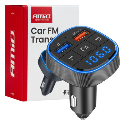 AMiO Auto-FM-Transmitter – 2x USB-A – 12V/24V – Bluetooth – Freisprechfunktion und Musikwiedergabe