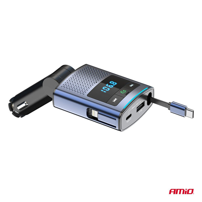 AMiO AMiO Car FM Transmitter – Bluetooth – USB - A en USB - C – Ingebouwde Uittrekbare USB - C Kabel – 12V/24V – Handsfree en Snelladen AMiO 2