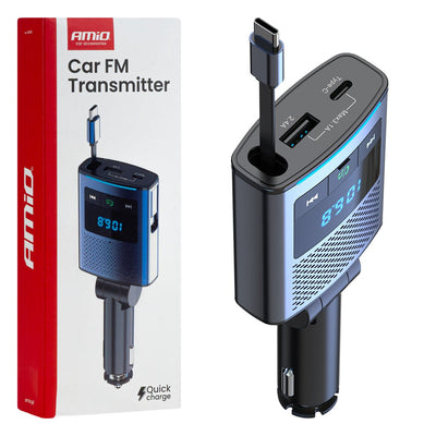 AMiO Auto-FM-Transmitter – Bluetooth – USB-A und USB-C – Integriertes, ausziehbares USB-C-Kabel – 12 V/24 V – Freisprechfunktion und Schnellladung