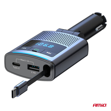 AMiO AMiO Car FM Transmitter – Bluetooth – USB - A en USB - C – Ingebouwde Uittrekbare USB - C Kabel – 12V/24V – Handsfree en Snelladen AMiO 10