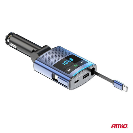 AMiO AMiO Car FM Transmitter – Bluetooth – USB - A en USB - C – Ingebouwde Uittrekbare USB - C Kabel – 12V/24V – Handsfree en Snelladen AMiO 9