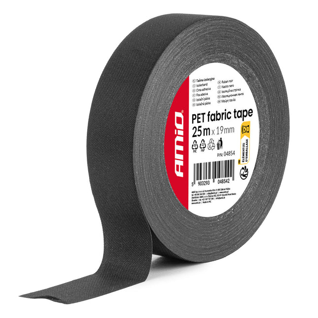 AMiO AMiO PET Stoffen Isolatietape Glad Zwart 19mm x 25m x 0.14mm - Professionele Kabelisolatie Tape voor Auto, Elektrische Installaties en Montagewerk AMiO 1