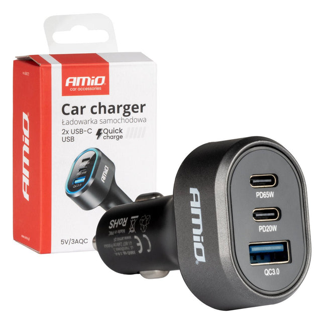 AMiO AMiO Snellader Auto Quick Charge 3.0 PD65W PD20W 85W USB - C en USB - A - Multipoort Auto Lader voor Laptop Smartphone en Tablet AMiO 1