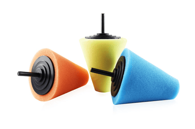 AMIO Auto Kegel Polijst-Schaumstoffbürsten für Bohrer (3 Stück) M14 (125 mm) Orange-grün-blau