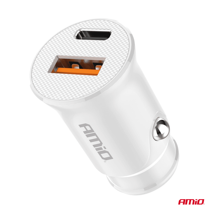 AMiO Auto Oplader USB - A + USB - C 20W 12/24V Wit - VCTparts.nl