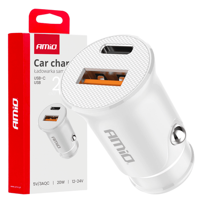 AMIO Auto Charger USB-A + USB-C 20W 12/24 V Weiß