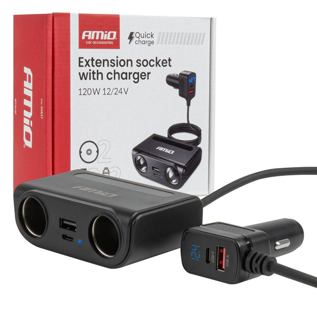 AMiO AMiO Autolader Splitter 2x 12V Aansluiting + USB - C USB - A 120W – Snellader met QC 3.0 PD 3.0 en LED Display voor Auto en Bestelwagen AMiO 1