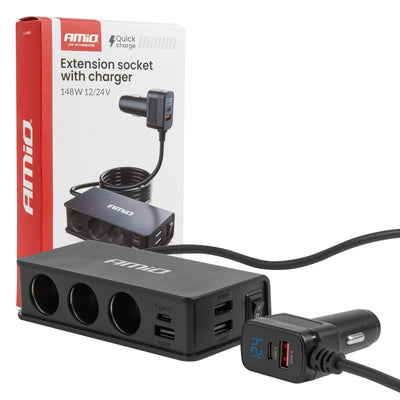 AMiO Autoladegerät Splitter 3x USB-A + USB-C 148W – Schnellladegerät mit QC 3.0 PD 3.0 und 75cm Kabel für PKW und Transporter