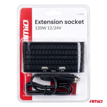 AMiO AMiO Autolader Splitter 4x 12V + 2x USB - A USB - C 120W – Verlengkabel 80cm voor Auto, Camper en Vrachtwagen AMiO 8